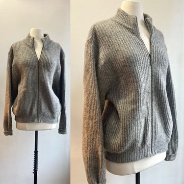 Vintage 80s Cardigan Sweater / LL Bean / Ribbed + Zip Front + Pockets + Mock Neck / Made in USA 