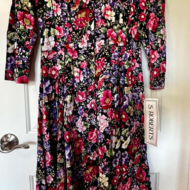 NWT S. Roberts pink and black floral rayon long sleeve dress 