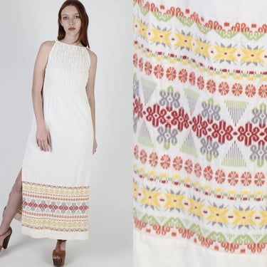 White Mexican Embroidered Dress / Heavyweight Soft Cotton Material / 70s Guatemalan Smocked Maxi Dress / High Slit Aztec Print 