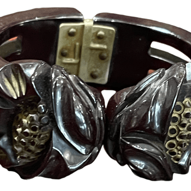 40s Black Bakelite Clamper Bracelet with Deep Carved Flowers