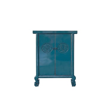 Distressed Teal Blue Lotus Carving Tall Credenza Storage Cabinet ws4480E 