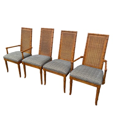 Set of 4 Rattan Dining Chairs - Vintage American of Martinsville Faux Bamboo Wicker Wood Hollywood Regency Coastal Boho Palm Beach Furniture 
