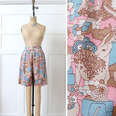 vintage pastel pink & blue long bermuda shorts • gazelle novelty print women's shorts 