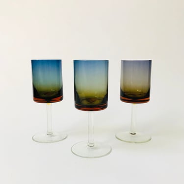 Set of 3 Mid Century Blue Amberina Glasses 