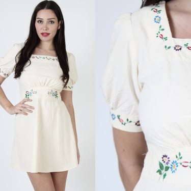 Off White Muslin Floral Embroidered Prairie Mini Dress 