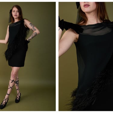 Vintage 1960s 60 Lilli Diamond Black Silk Chiffon Ostrich Feather Cocktail Gown Little Black Dress // Audrey Hepburn 