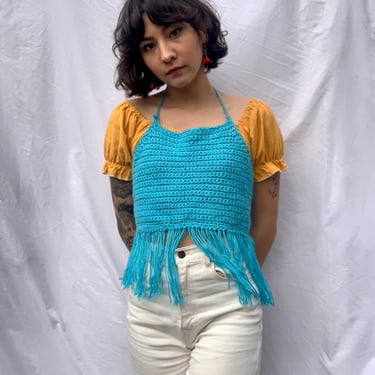y2k Knit Halter Top / Aqua Blue Cotton Crochet Crop Top / Open Back Summer Top 