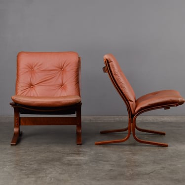 PAIR Mid Century Ingmar Relling 'Siesta' Armless Lounge Chairs in Terra Cotta Brown Leather 