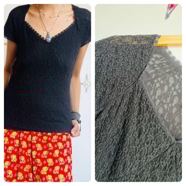 Vintage 90s Y2K Black Lace Fairy Grunge Top | Whimsy Goth | Size M 