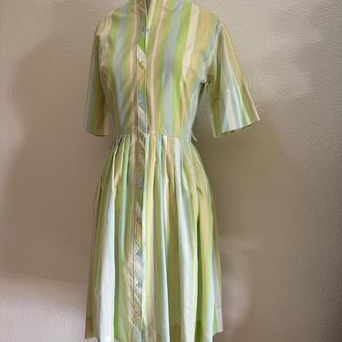 Vintage 50s Pastel Greens Vertical Striped Fit and Flare Dress Scoop Collar; 50s Cotton Candy Stripe Spring Feminine Summer Dress L 
