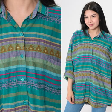 Vintage 90s Button-Up Shirt Geometric Colorful Striped Metallic Threads 3/4 Roll Tab Sleeves Boho Indian 1990s Plus Size 3X 