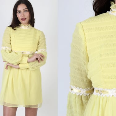 1960s Yellow Chiffon Tuxedo Dress / Vintage Mod Bright Twiggy Inspired Dress / Easter Spring Cocktail Party Mini Dress 