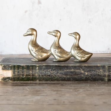 Ducks In A Row Figurine, Vintage Solid Brass Duck Family, Geese Trio 