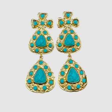 VALÉRE Vintage 80s Gold Plated Earrings w/ Turquoise Color Stones, Designer Large Statement Dangle Earrings | 1980s Clip-On Tear Drop w/ Box 