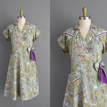 1950s vintage dress | Blue Abstract Print Cotton Wrap Dress | Large XL | 50s dress 