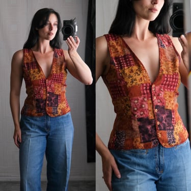 Vintage 80s Cottage Core Patchwork Vest w/ Crosshatch Stitching | Made in India | 100% Rayon | 1980s Designer Cropped Blouse Vest Top 