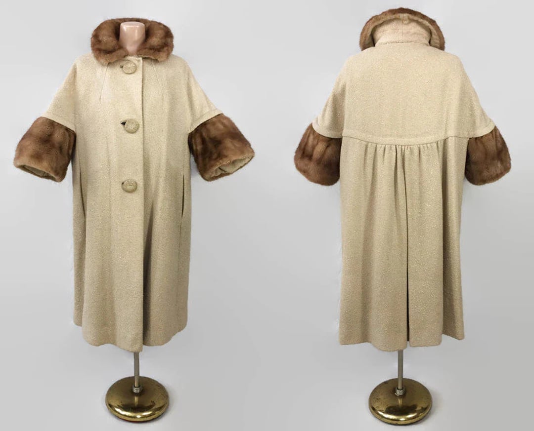 VINTAGE 50s Pastel Mink Collar & Cuffs Swing Coat | 1950s Fluffy ...