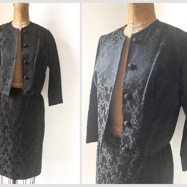 True vintage 1950’s Stanton Jrs. black jacquard silk suit | ladies jacket & skirt suit, Petite XS 