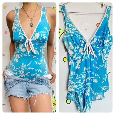 Vintage 70s Blue & White Floral Hawaiian Plunge Swimsuit – Retro One Piece – 14 