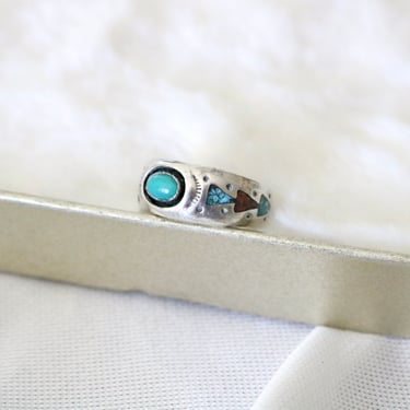 turquoise + coral - silver ring 6.25 