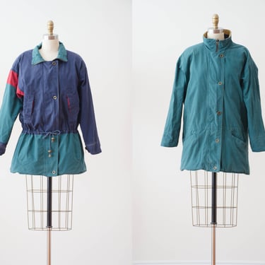 reversible green jacket | 80s 90s vintage unisex men's women's green navy red cotton colorblock utility coat 