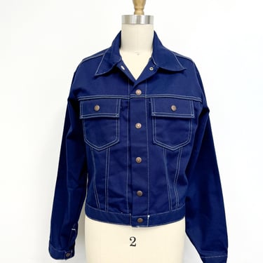 Vintage Dark Blue Twill Jacket with White Top Stitching | 1970s  Snap Front Jacket | Size Small 