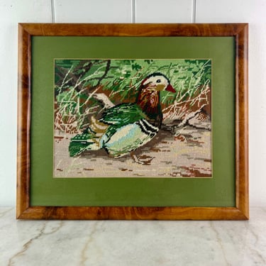 Vintage Wood Duck needlepoint, framed, 1970s hand made cross stitch wall art, for cabin or cottage decor, vintage hunter gift, man cave 