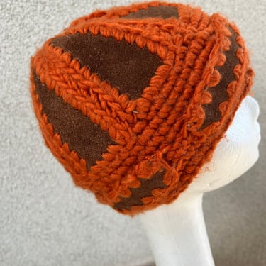 Vintage wounded bird hipster mod rust knit leather hat size OS 