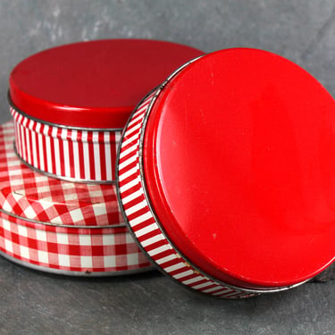 Set of 3 Cheerful, Red & White Cookie Tins | Holiday Tins for Decor or Gift-Giving | Vintage Holiday Candy Tins 