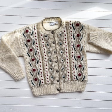 Fair Isle sweater 80s 90s vintage cream pompom embroidered cardigan sweater 