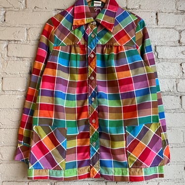 Medium, Vintage 1970s Colorful Print Button Up Blouse, Pockets 