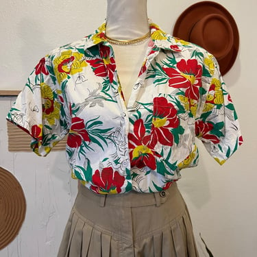 Details Vintage 90s Cotton Floral Tropical Colored Short Sleeve Button Shirt 