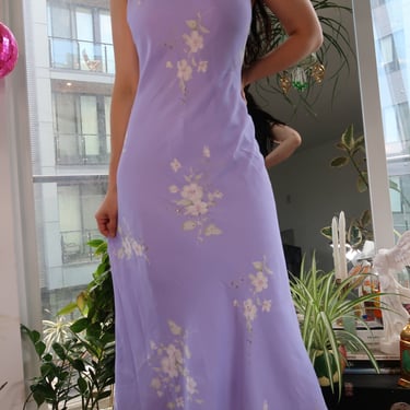 Vintage Y2K Lavender Floral Dress – Bias Cut Maxi Dress with High-Low Hem