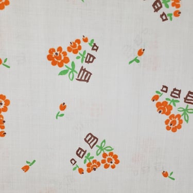 Vintage 1960's Floral Print Fabric / 70s Flower Pot Flocked Fabric 