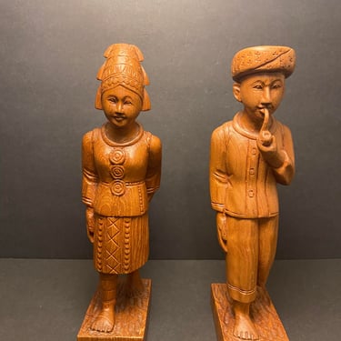 Pair- Asia Hand Carved Wooden- Farmer Figures Sculpture 