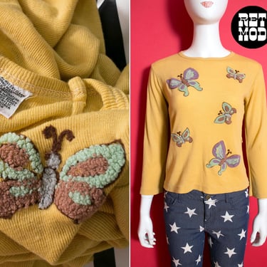 So Cute Vintage 70s Light Mustard Yellow Long Sleeve T-Shirt with Textured Butterflies 