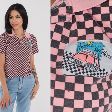 Pink Checkered Polo Shirt 90s Gitano Collared Top Retro Drive By Diner Patch Half Button Up Short Sleeve Black Check Vintage 1990s Small S 