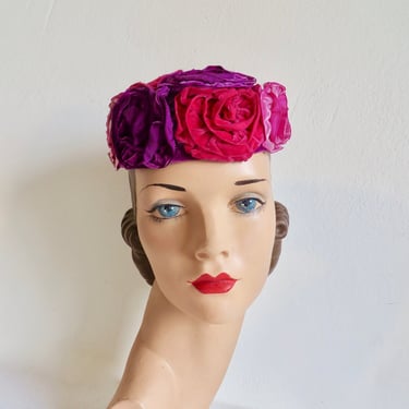 1960's Magenta Pink and Purple Velvet Rosettes Pillbox Hat 60's Millinery Rockabilly Hess's 