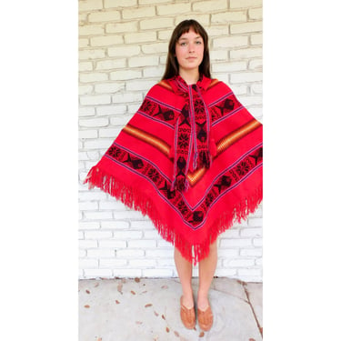 Hand Embroidered Poncho // vintage 70s Mexican hand embroidered boho blanket red dress hippie jacket blouse 1970s // O/S 
