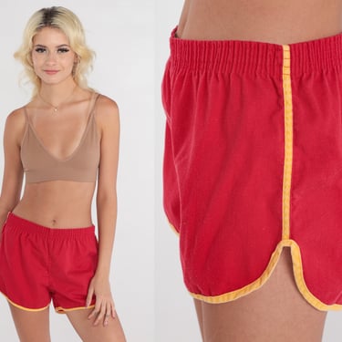 80s Ringer Shorts Red Jogging Shorts Running High Waisted Retro Shorts Gym Shorts Workout Dolphin Yellow Trim Vintage 1980s Soffe Small S 