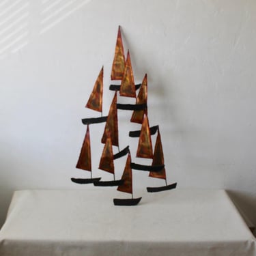 C. Jere Style Large Brutalist Torch Cut Copper Steel Sailboat Flotilla Wall Decoration Sculpture Vintage Mid Century 