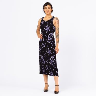 Vintage 90s Black & Purple Floral Maxi Tank Dress - Small | Flower Print Sleeveless Tie Back Boho Grunge Sundress 