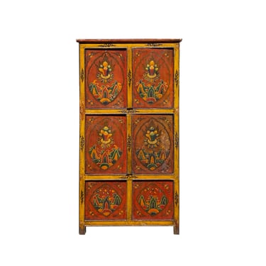 Vintage Chinese Tibetan Jewel Flower Graphic Tall Storage Cabinet cs7354E 