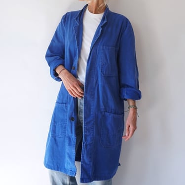 Vintage Blue Chore Duster Shop Work Coat | Utility Blue Cotton Chore Smock Jacket | Painter Shop Coat Trench 