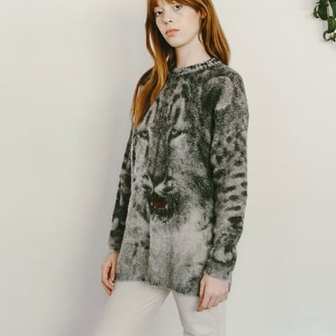 Vintage KRIZIA Maglia 1980s Tiger Face Mohair Sweater or Sweater Dress sz S M L Lion Spotted Oversized Knit 
