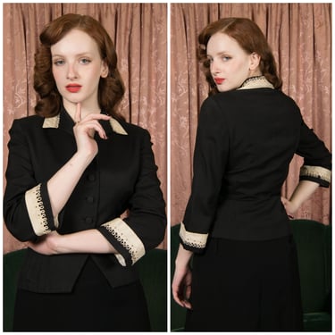 1950s Jacket - Tailored Vintage 50s Nipped Waist Jacket in Black Linen with Ivory Trim, Soutache and Rhinestones, Padded Hips 