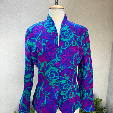 Vintage preppy silk jacket top purple green blue design size 10 by Adrianna Papell 