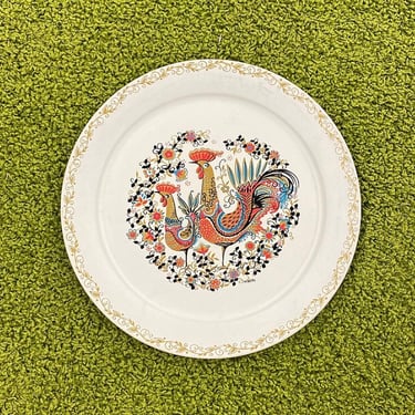 Vintage Serving Tray Retro 1960s Mid Century Modern + Social Supper Tray + Maxey + 19" Round + White Metal + Rooster Design + MCM Decor 