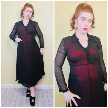 1990s Vintage Nostalgia Does 1940s Red and Black Rayon Dress / 90s does 40s Embroidered Long Sleeve Sheer Goth Bias Cut Gown / Small/Medium 