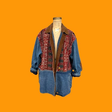 Vintage Jacket Retro 1990s Robert Comstock + Size 8 + Southwestern + Blue Denim + Wool Tapestry + Suede + Jean Jacket + Womens Apparel 